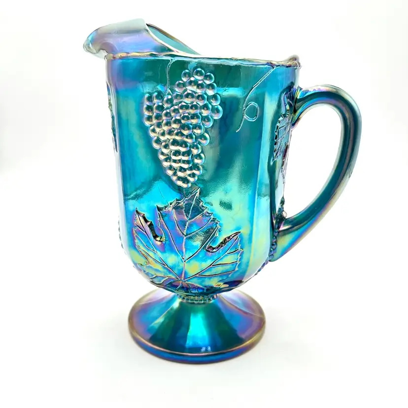 Indiana Glass Carnival Iridescent Blue Harvest Grape Large Pedestal Pitcher 10” W X 10” H ***5lb 4oz Weight***