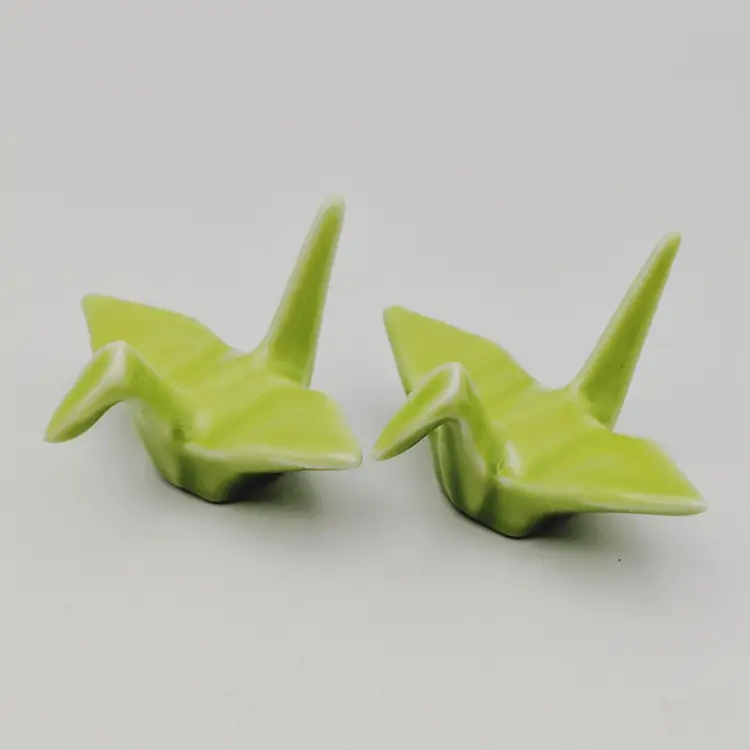Pair Set of 2 Japanese Origami Light Green Ceramic Swan Chopstick Rests