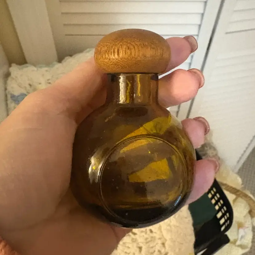 Small Brown Glass Bottle With Wood Top