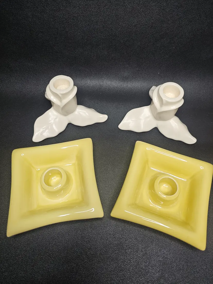 Set of 2 Red Wing Pottery Vintage Candle Holders White Magnolia & Yellow Squares