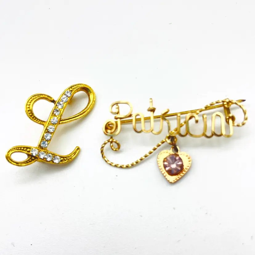 Gold Tone Brooch Lot of 2 Script L Rhinestones and Wire Patricia Dangling Heart 17821