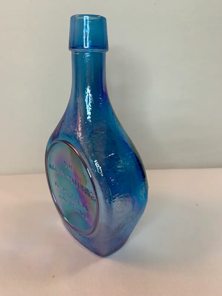 Vintage Iridescent Blue Glass Commemorative 8" Flask Bottle Annual Conference Badge