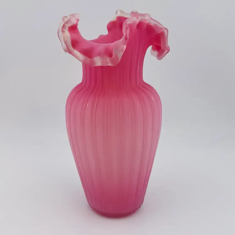 Antique Victorian Pink Peach Blow Glass Ruffle Vase 7”