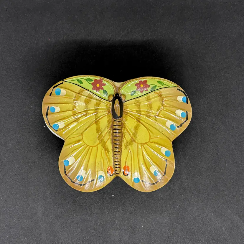Vintage Ceramic Hand Painted Butterfly Trinket Box 70's Retro Kitschy Hippie Cottagecore Folk Art