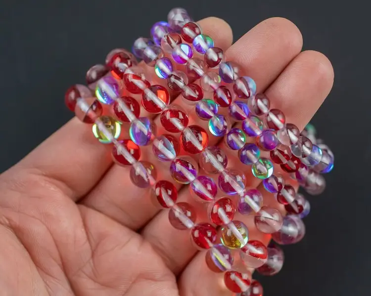 Red Mystic Aura Quartz Bracelet Round Size 6mm and 8mm- Handmade In USA Natural Gemstone Crystal Bracelets - Handmade Jewelry - approx. 7"