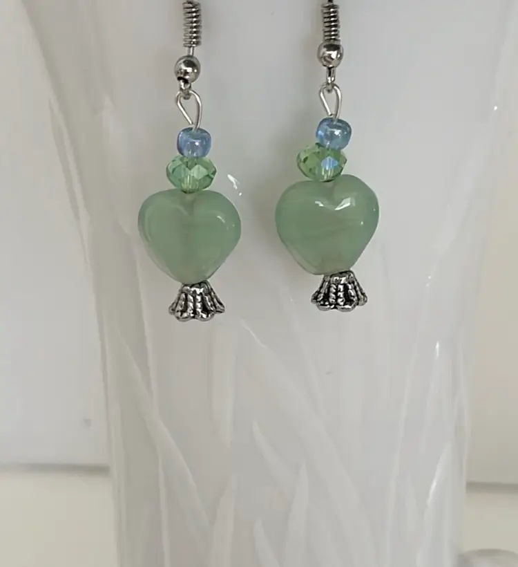 Handmade, green/violet, glass hearts, silver tones. Soft and calming colors!