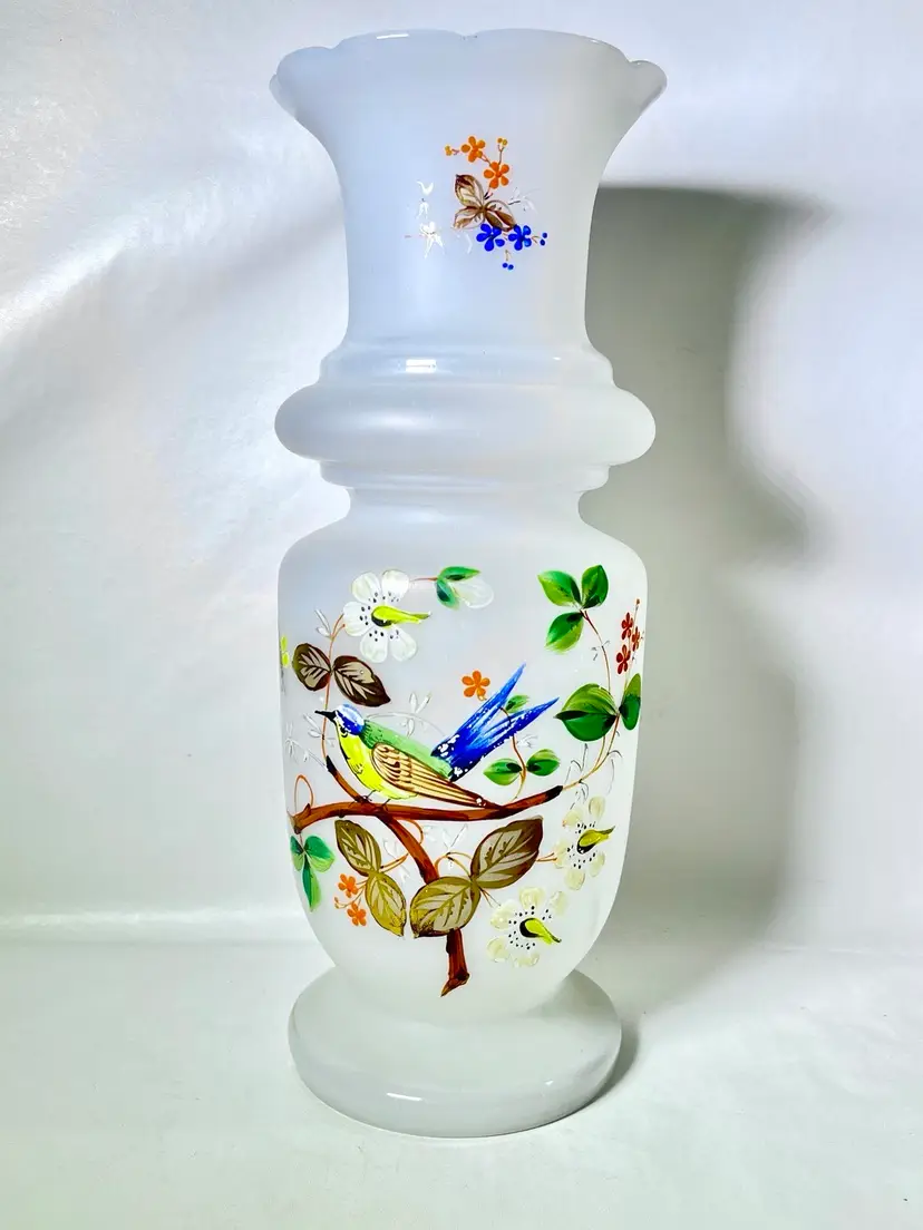 Hand Painted Bristol Ruffle Vase 12” With Florals And Bird