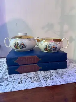 Vintage Porcelain Sugar Bowl & Creamer – Classical Pastoral Scene