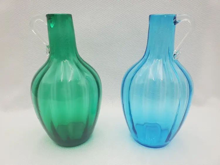 Beacon Glass Co. OMN No. 123 Blue and Green Optic Barrel Jug Mid-Century Set