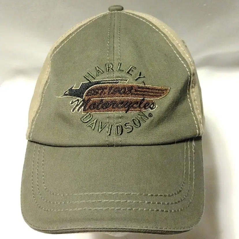 Harley Davidson Hat Adjustable Olive Distress Look 1903 Motorcycles Embroidered