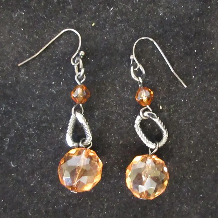 Vintage Retro Faceted Amber Acrylic Beads and Gray Metal Dangle Earrings with a French Wire - 2 Inches Long