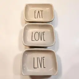 Rae Dunn 3 Piece Snack Serving Eat, Live, and Love Trays Plates Dipping Bowls