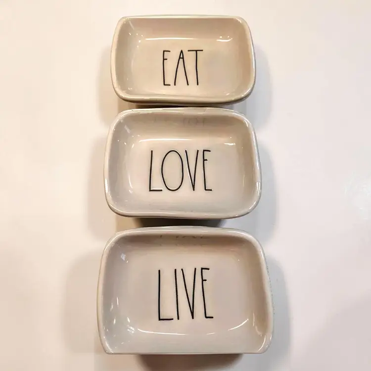 Rae Dunn 3 Piece Snack Serving Eat, Live, and Love Trays Plates Dipping Bowls