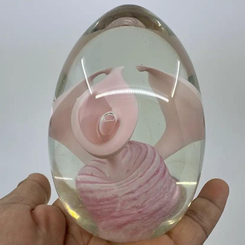 John Barlin Pink Floral Egg Shaped Paperweight Signed 86’