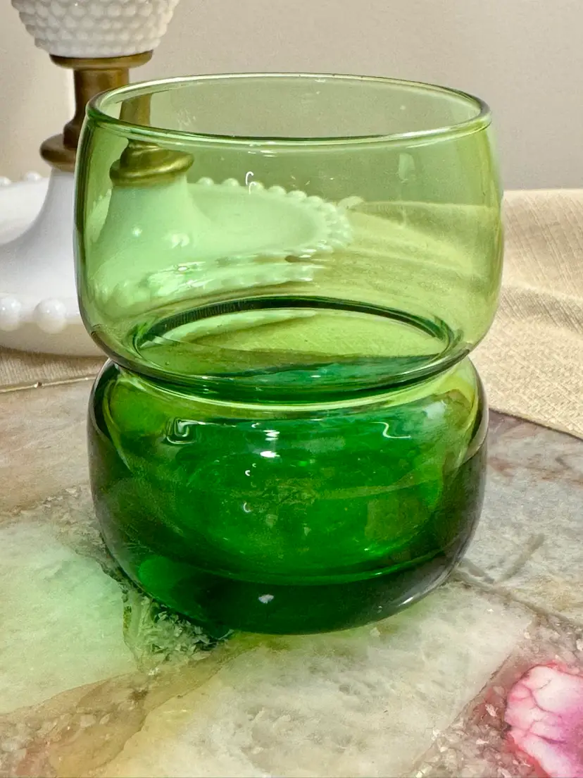 vintage 3” tall Italian green glass tumbler or mini vase. Mid-Century Modern by P-D Imports