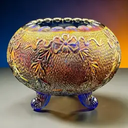 Antique Fenton Carnival Glass Garland - Bows Blue Rose Bowl Vase Gold Iridescent