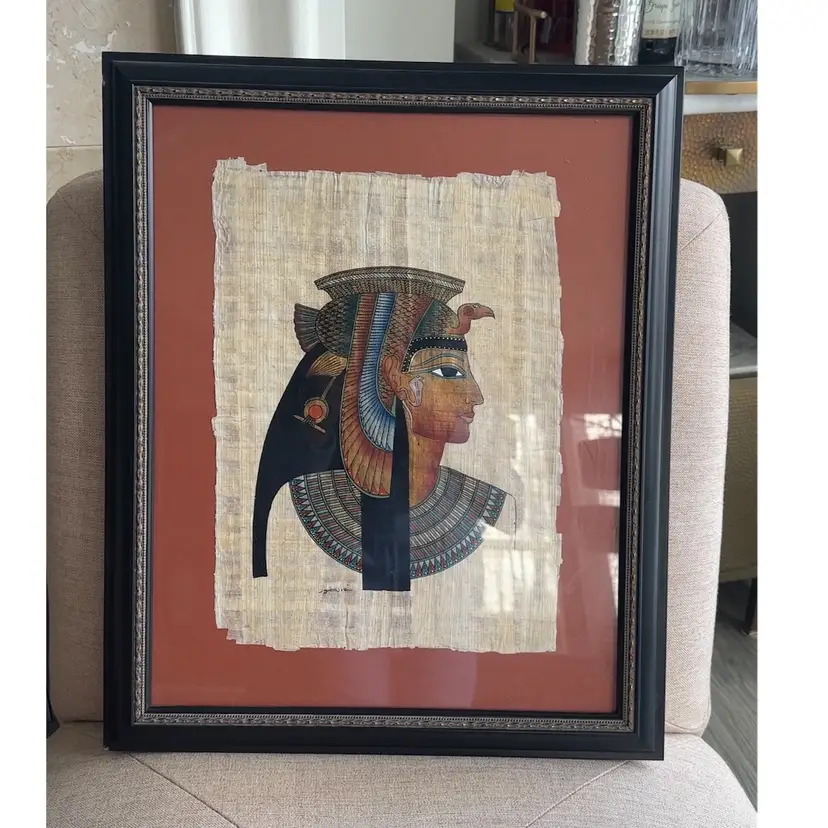 VINTAGE EGYPTIAN PAINTING ON PAPYRUS PAPER W RED BORDER - FRAMED