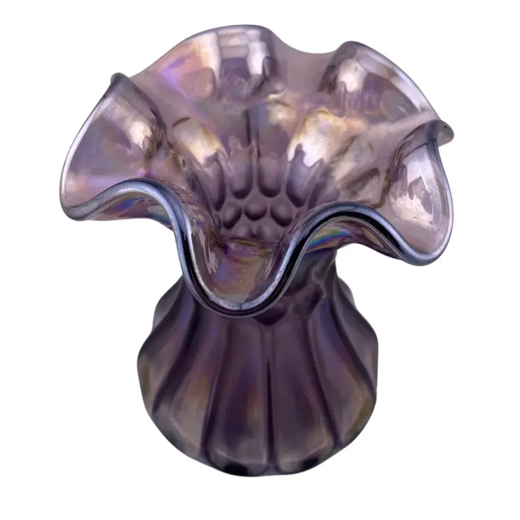 Fenton Glass Vase Flute and Dot Iridescent Purple Violet Ruffled Top 5.5” Tall