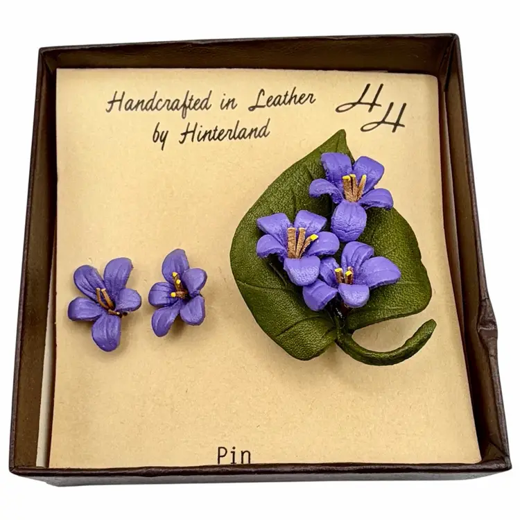 Retro Brooch & Earrings Box Set Hinterland Leather Creations NY MCM Purple Floral