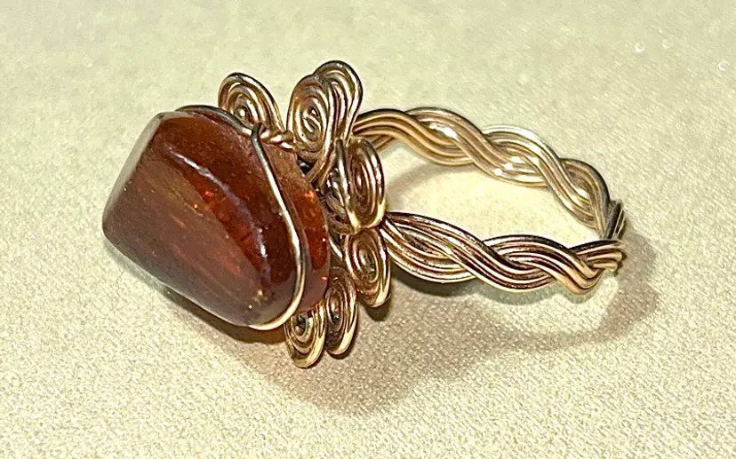 Vintage Handcrafted Copper Wire Wrapped Amber Color Stone. Size 7.75 Approximately