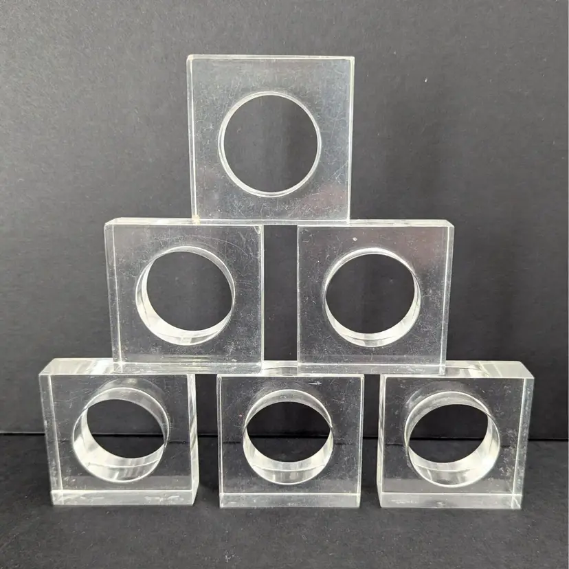 Set Of 6 Clear Square Acrylic Napkin Rings Vintage Lucite