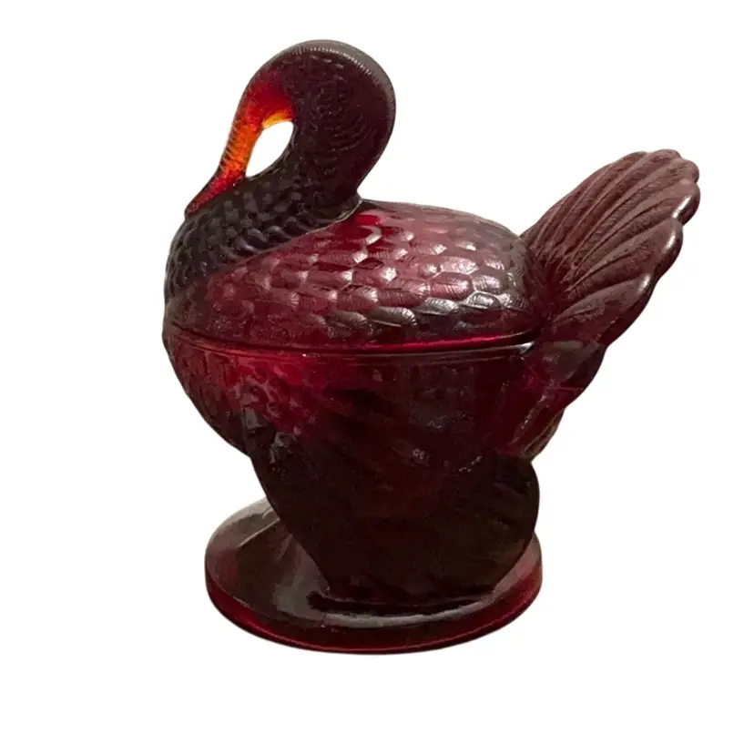 Vintage L.E. Smith Ruby Red Amberina Glass Turkey Candy Dish- Glows! 7 1/2” X 7”