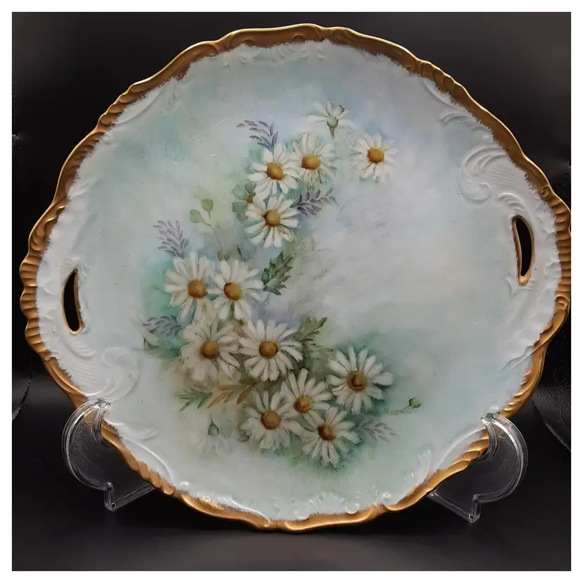 Hand Painted Serving Plate, Daisies and Leaves, Signed by Artist