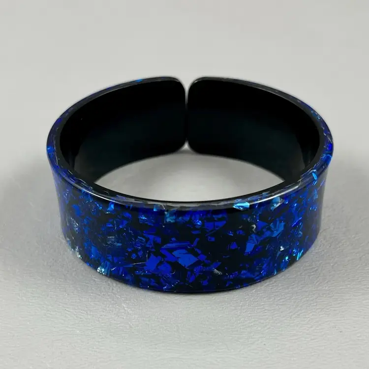 Retro Blue Bangle Bracelet 2.5" Plastic Glitter 1" Wide
