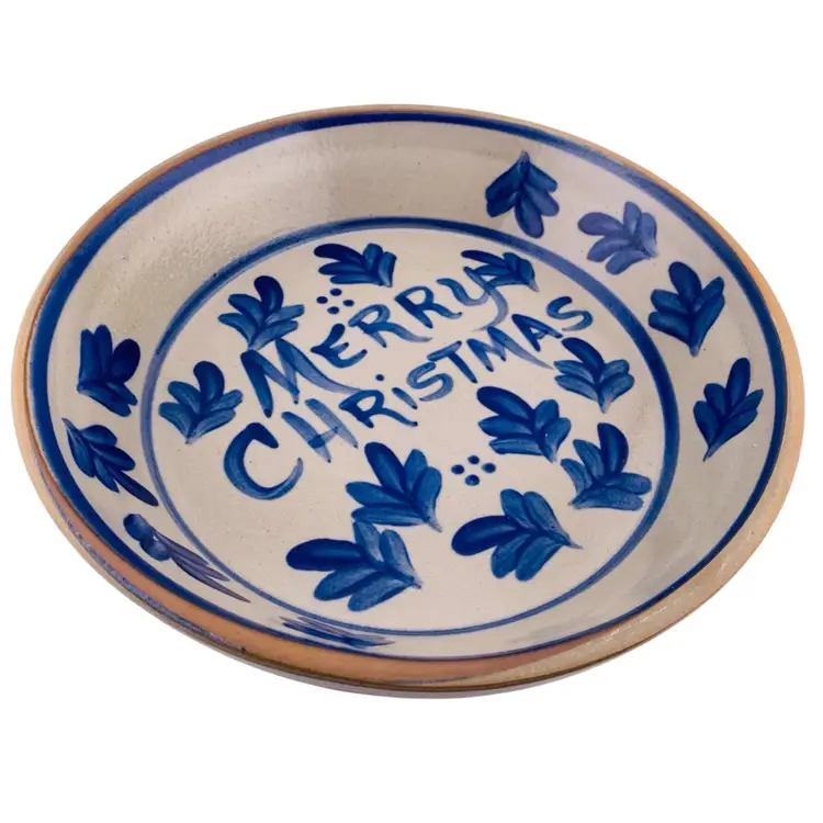 Stoneware Crock Blue Merry Christmas Pie Plate Salt Glaze BBP 1996
