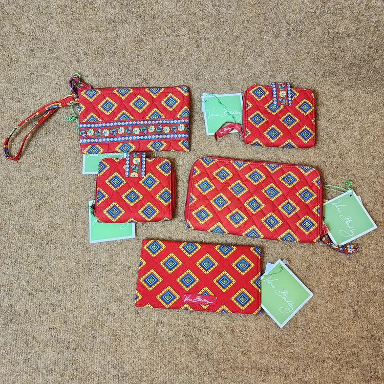 7Pc Vera Bradley Villa Red Tote Wallet Wristlet Checkbook Quilted Handbag Purse