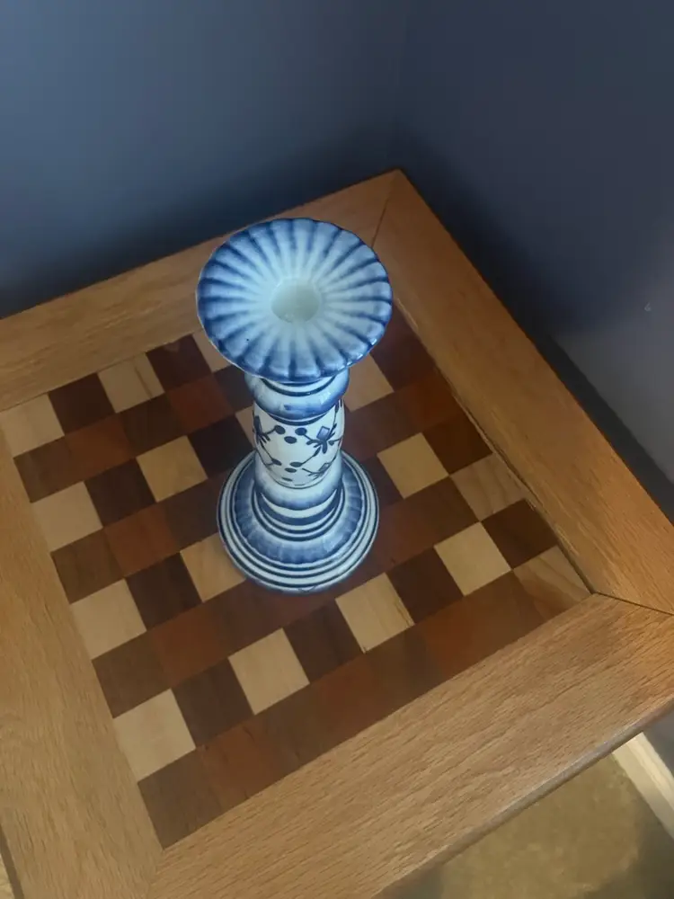 1990s French style blue and white ceramic candlestick 11 Inches