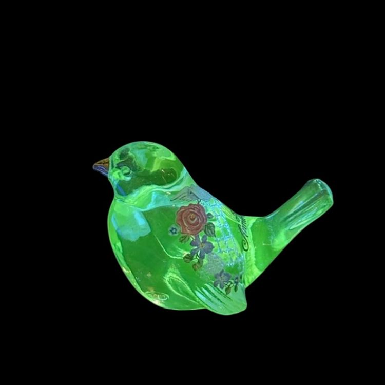 Vintage Fenton 50th Anniversary Bird Figurine White Frit Glass Fence  flowers & Dove on Back Glows
3”T x 4” L x 2”W