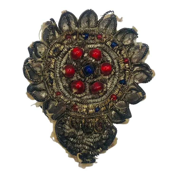 VINTAGE Antique Metal Thread Embroidered glass Beaded Patch Brooch Pin Victorian