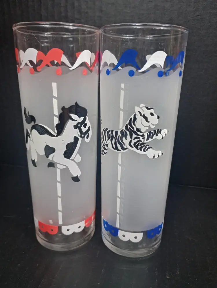 Vintage set of 6 Libbey Mid Century Frosted Tom Collins Carousel Glasses