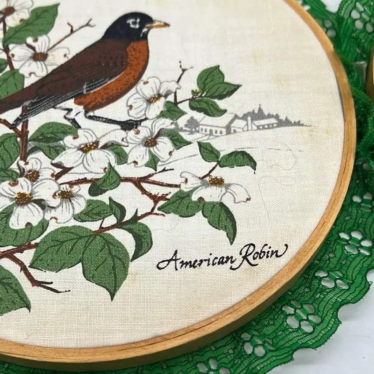 Vtg Bird Hoop Art Cottage Core Red And Green Lace AS IS