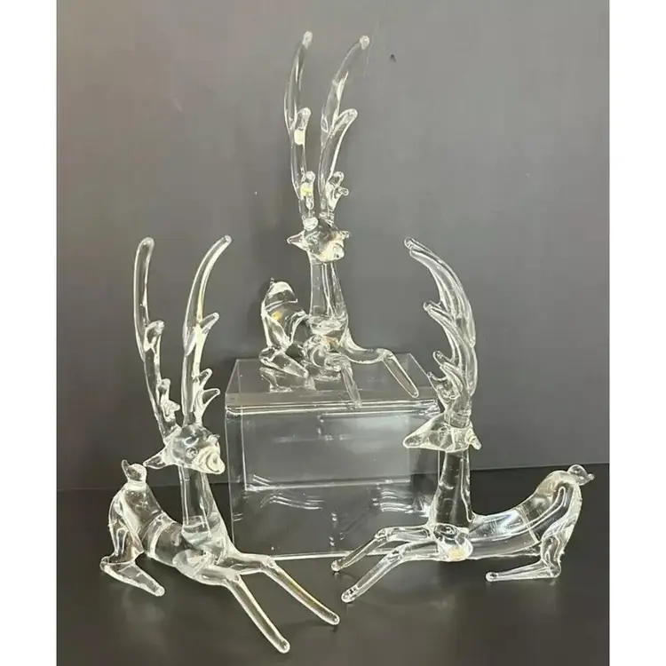 Set of Three (3) Art Glass Hand Blown Clear Laying Reindeer Sculptures
