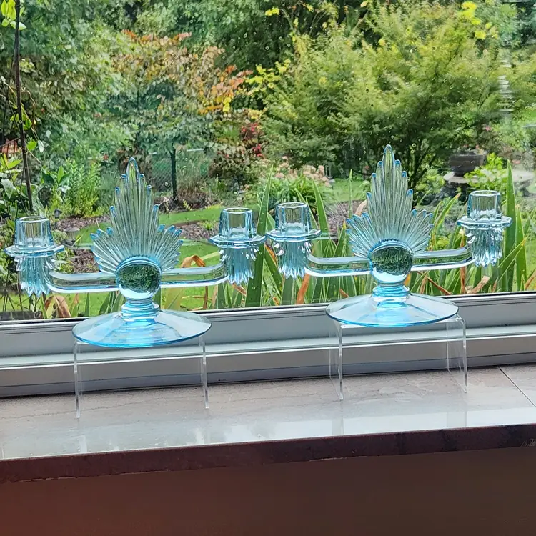 RARE Fostoria Glass Flame Duo Candlesticks Azure Blue Candle Holder Pair Art Deco - USA