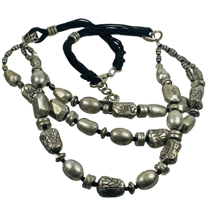 Vintage Costume Jewelry Necklace SilverTone Metal Glass Metallic And Acrylic Beads In Smokey Grey And Silver