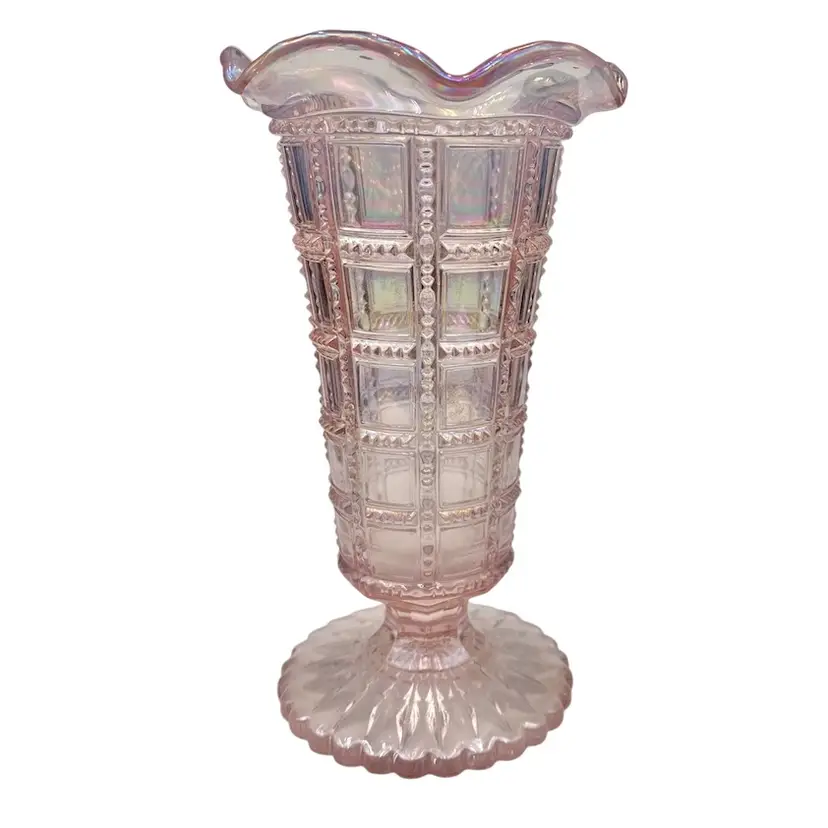 Vintage Imperial Glass Vase, 6", Beaded Block Pink Iridescent/Carnival, Ruffled