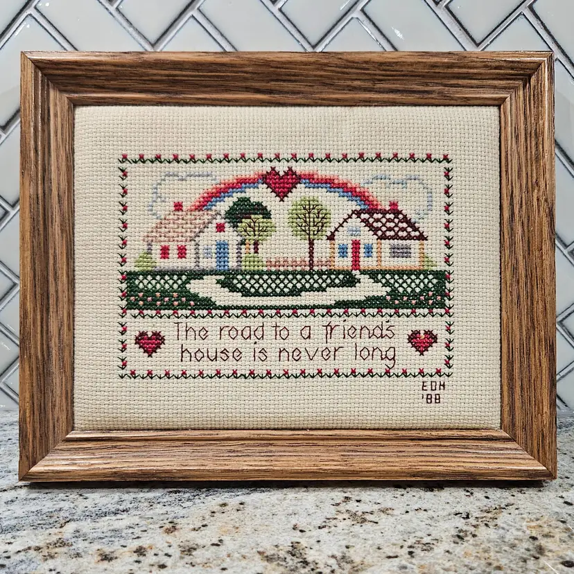 Vintage Framed Needlepoint Road to Friends House