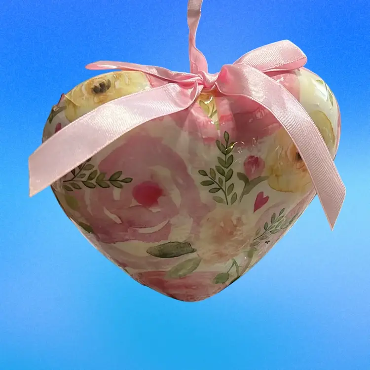 Hanging Heart Floral Paper Mache 6” With Pink Satin Bow Holiday Valentine Day Cottage Core Free Shipping