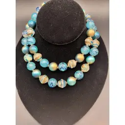 WOW Vintage Czech UV Glow Uranium Blue & Gold Glass Beaded Necklace Hand Painted