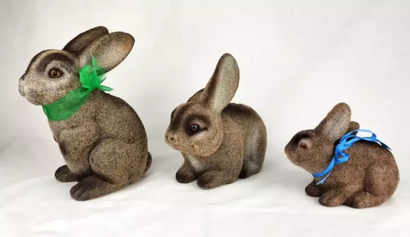 Flocked Brown Bunny Rabbit Coin Banks LOT of 3 VTG Hong Kong Easter Decor