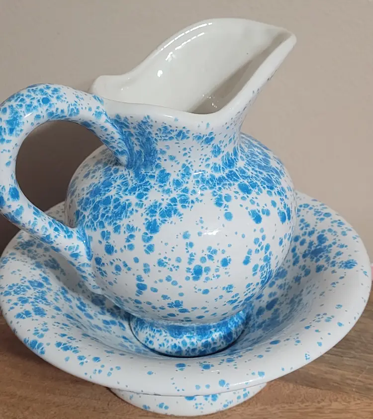 Handmade Ceramic Pitcher & Wash Bowl White/ Blue Speckled