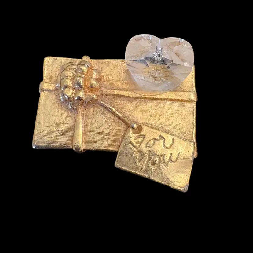 Miniature Goldtone Gift Box With Crystal Heart And Rhinestone