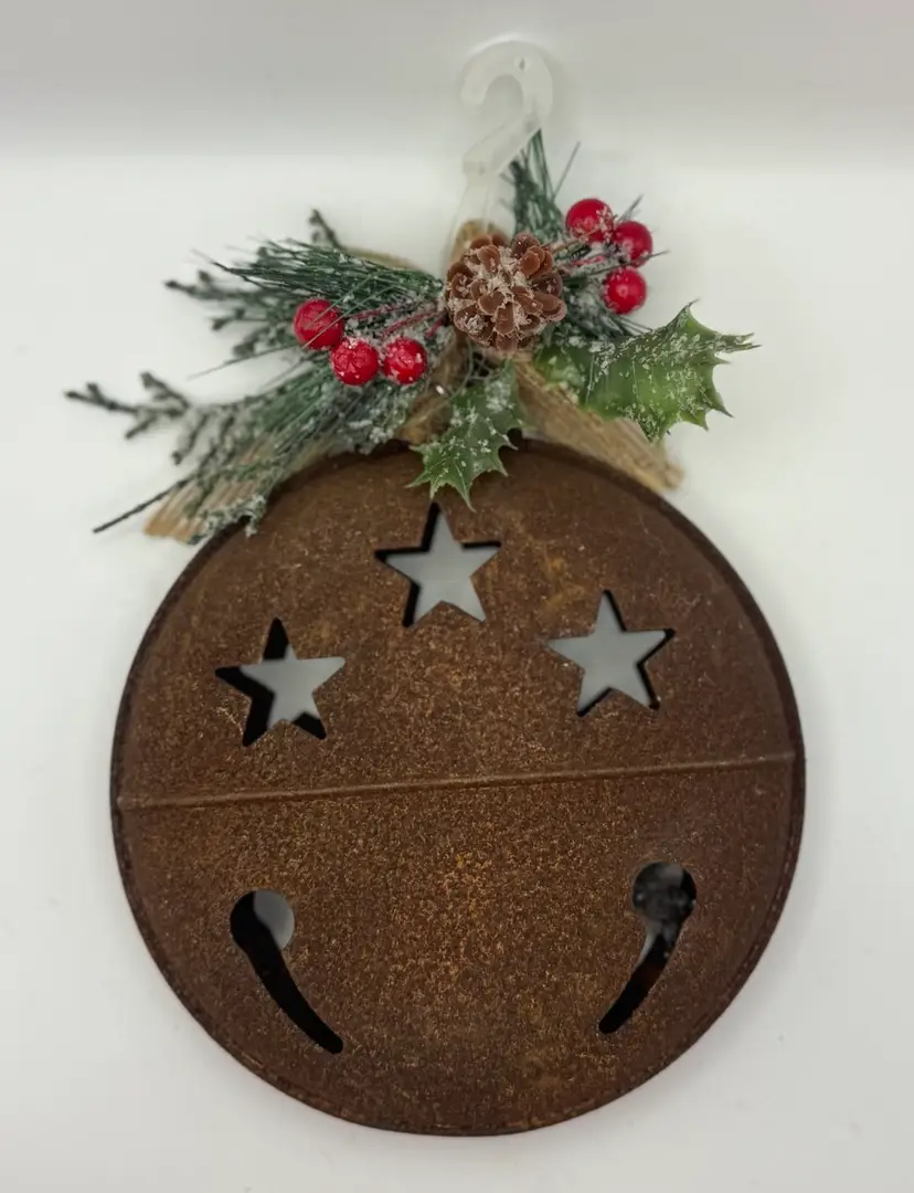 Rusted Metal Bell Ornament - Star Cut Outs 6” Diameter