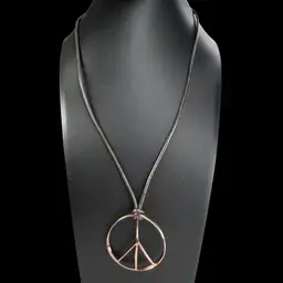 FOSSIL Brand Signed Peace Sign Necklace in Copper-tone with Brown Leather Cord.