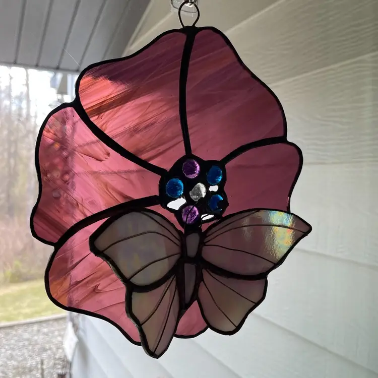 VTG Stained Glass Butterfly On Purple Flower Boho Style