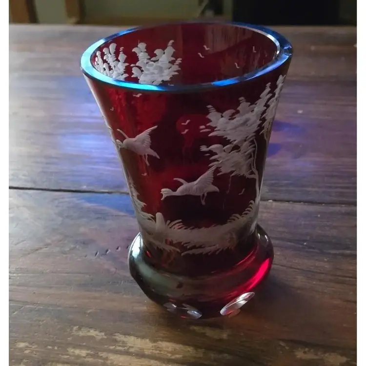 Etched Ruby Glass Woodlands Scene