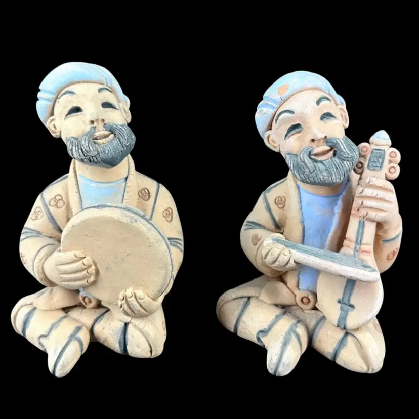 Set 2 Two Bisque Clay Pottery Figurine Musicians